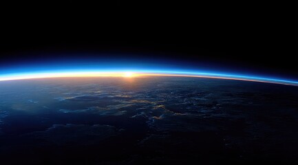 Obraz premium A breathtaking panoramic view of Earth from space, showcasing a vibrant sunrise over a partly cloudy atmosphere with a deep blue curve of the planet against the black expanse of space