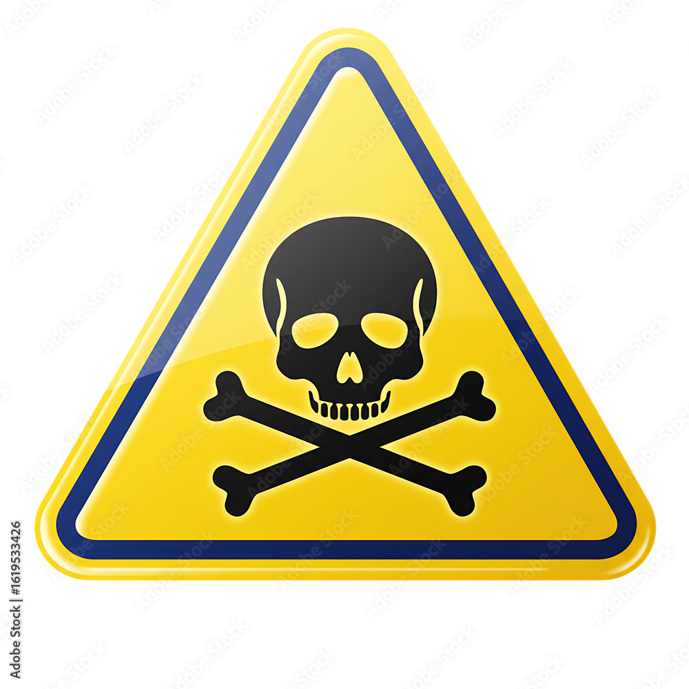 Poster yellow triangle warning sign with skull and crossbones on transparent background