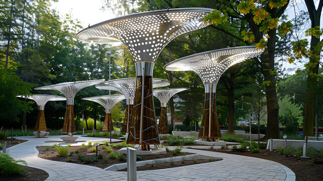 Illuminated tree structures stand in a park with a winding stone path surrounded by lush greenery .