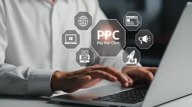 Pay per click PPC concept. Advertising in Search Engine Platforms. Digital Marketing Strategies and Goals. Businessman using laptop with PPC icon on virtual screen.