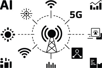 Illustration of ai connectivity with tower and various related network icons