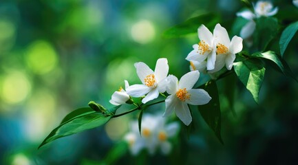Fototapeta premium Close-up of a branch with several delicate white blossoms and vibrant green leaves, set against a softly blurred background of nature's hues