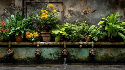 Urban Oasis: Vibrant Yellow and Green Flowers in Terracotta Pots by Weathered Stone Fountain