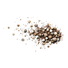 Fine dirt particles and irregularly shaped pebbles in natural earth tones, with distinct granular textures, dynamically scattered on a transparent seamless studio background, top-down view,