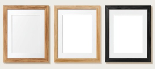 Three empty picture frames, light wood, medium wood, and black