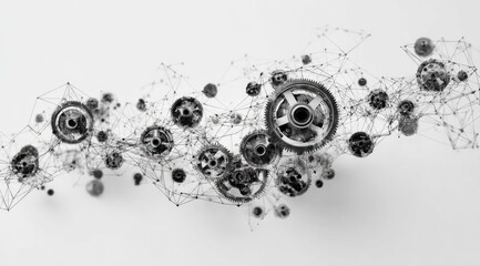 Abstract grayscale image of interconnected gears and nodes
