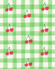 Cherry Gingham Picnic Cute Watercolor Digital Background