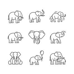 Obraz premium Simple Linear Elephant Illustrations with Various Poses and Actions, Collection of Stylized Elephant Drawings in Minimalistic Black and White Style