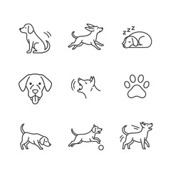 Diverse Dog Expressions and Actions in Simple Line Art, Playful Canine Activities and Emotions Depicted in Minimalist Style