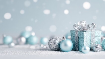 Pastel blue gift with silver ornaments on snowy surface, bokeh background