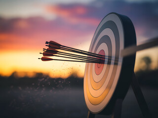 Arrows hitting bullseye on target at sunset with dramatic sky