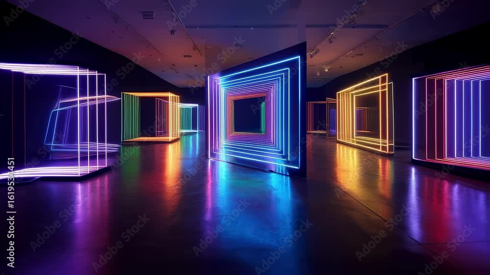 Poster mesmerizing neon light patterns shaped into intricate geometric designs glowing vividly against a po