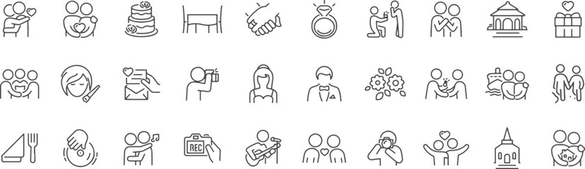 Family, Marriage and Social Life Icon Set – Wedding, Love, Parenting, Home Life, Romantic Moments, Couple Activities, Social Bonding

