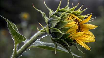 Close-up of a Partially Opened Sunflower with Water Droplets plant nature
