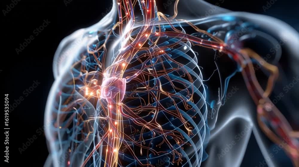 Poster lymphoma. 3d rendering of human lymphatic system with highlighted lymph nodes.
