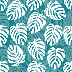 Tropical seamless pattern featuring white monstera leaves on teal background, perfect for summer designs, fabric, and packaging.