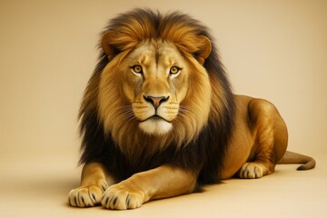 Majestic lion with golden mane lying calmly on smooth beige surface under soft light, symbolizing strength and nobility in nature concept.