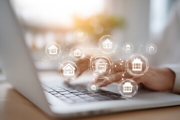 Hands using laptop, home icons float above
