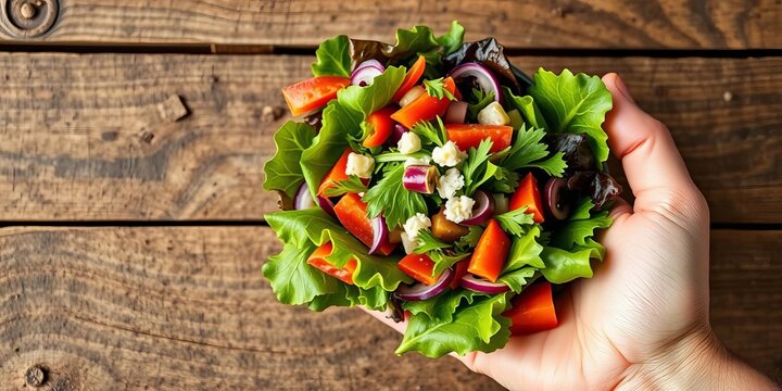 A hand captures a vibrant green salad on rustic wood, ready for social media, green, healthy - Powered by Adobe