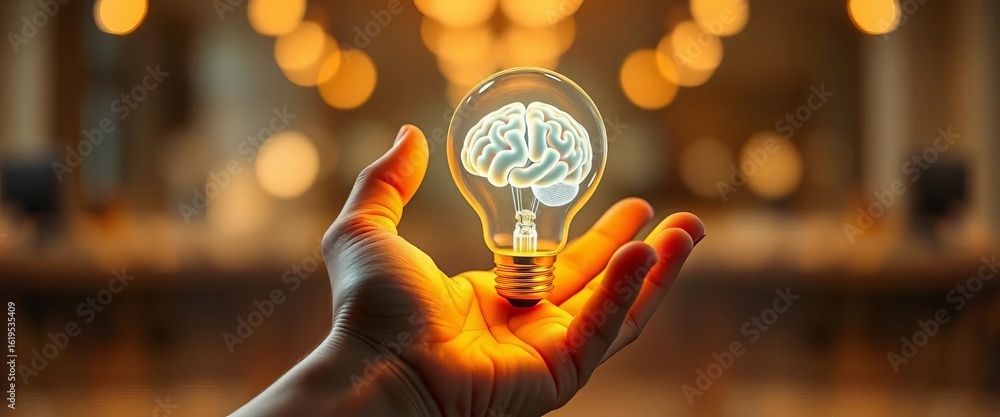 Poster a hand gently cradles a glowing virtual lightbulb with a brain inside, set against a soft bokeh back