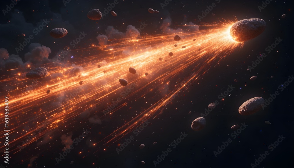 Poster fiery asteroids hurtling through space with trails of light and cosmic dust in a dark sky view