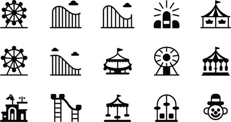 Illustration of amusement park icons including rides and attractions in black