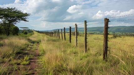Obraz premium A dirt path runs alongside a barbed wire fence through a grassy field under a cloudy sky landscape view .