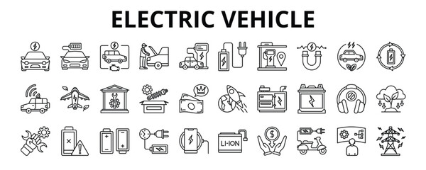 30 Electric Vehicle Line Icons Vector - electric car, autonomous, zero emission, future technology, battery charging, Generator