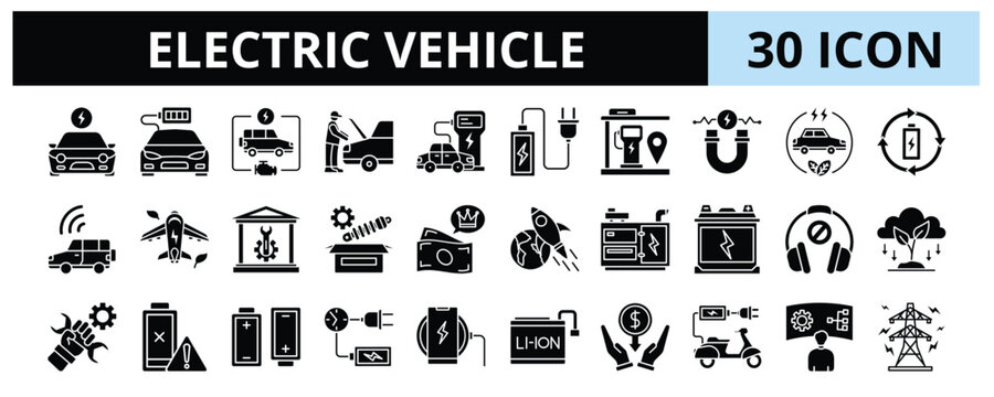 30 Electric Vehicle Glyph Icons Vector - electric car, autonomous, zero emission, future technology, battery charging, Generator