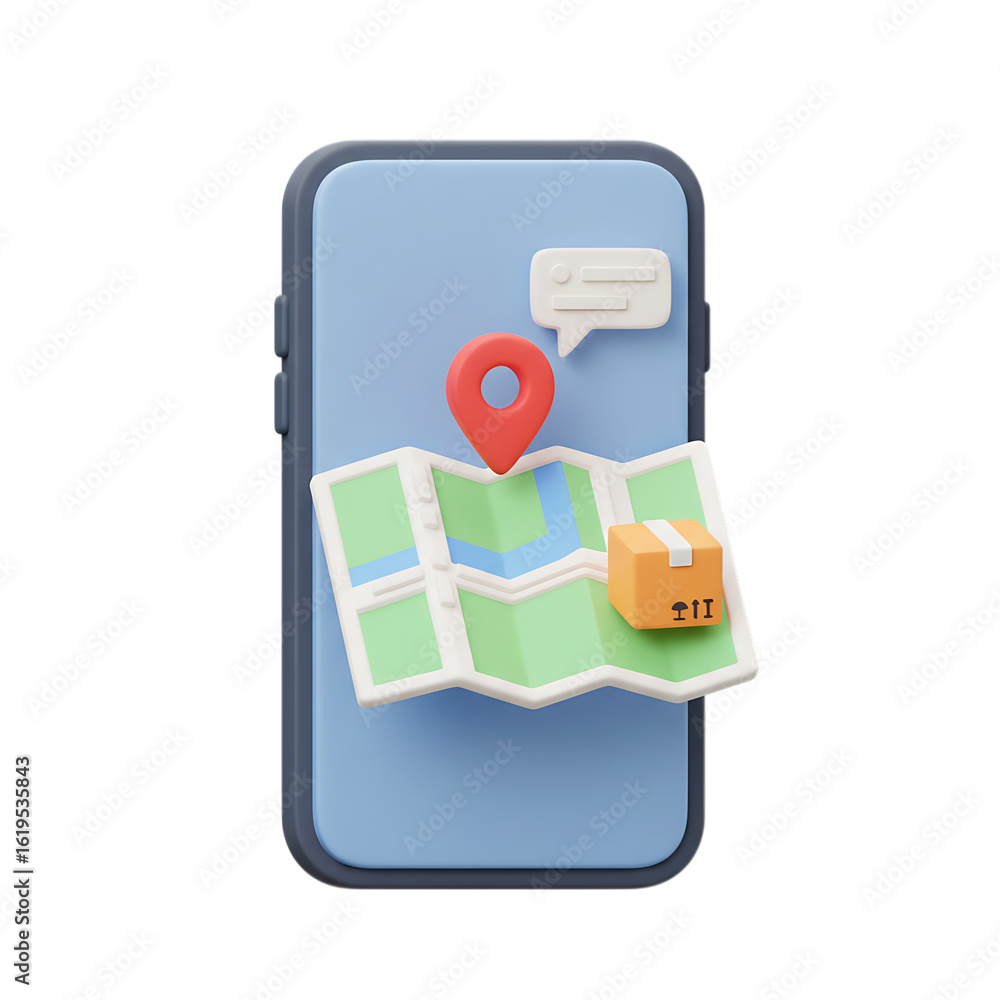 Poster smartphone delivery tracking app interface with map and package on transparent background