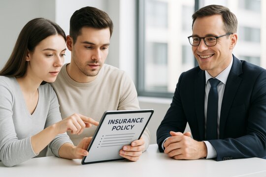 Young couple reviewing insurance policy on tablet with advisor in office setting, discussing financial planning and business options together. Ai generative