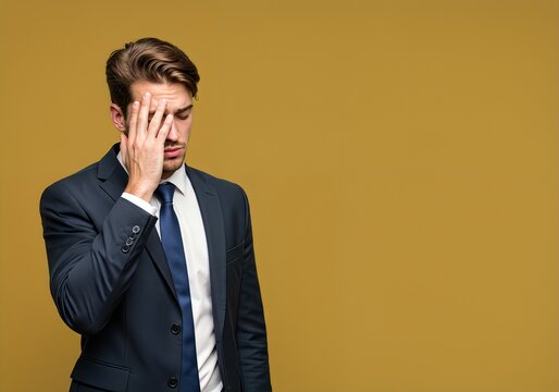 A businessman holding her forehead in worry.