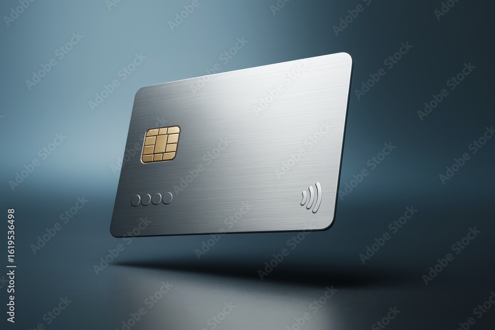 Poster metallic credit card mockup floating against a dark blue gradient background for finance branding an