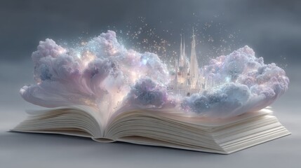 Open book with enchanted castle emerging from dreamy clouds and sparkling light. International Literacy Day