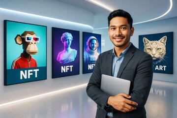Confident businessman standing with laptop in modern NFT digital art gallery with futuristic lighting and tech-inspired interior design.. Ai generative