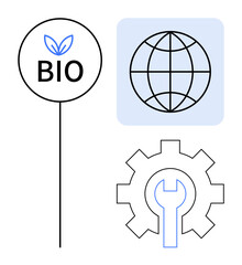 Bio label with green leaf, global connectivity grid, and gear with wrench symbolizing eco-friendliness, global responsibility, and technological solutions. Ideal for environment, innovation