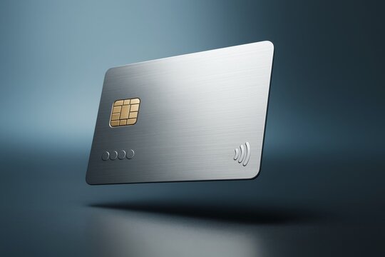 Metallic credit card mockup floating against a dark blue gradient background for finance branding and business presentation concepts. Ai generative - Powered by Adobe