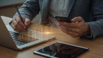 Business professional using laptop and smartphone with glowing data visualization