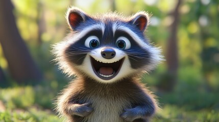 Obraz premium Cartoon raccoon with wide open smile in a forest setting.