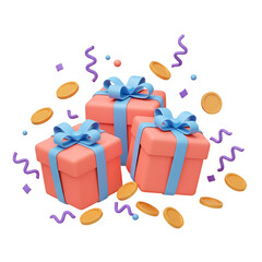 3D Rendering Modern Present Celebration with Ribbon and Confetti on Black Background