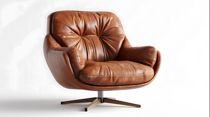 Brown leather swivel armchair on an empty clear white background.