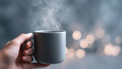 A hand holds a steaming gray mug against a blurred, bokeh-light background