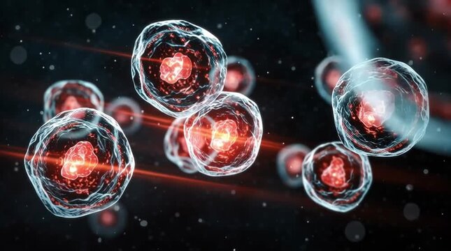 Lymphoma. Digital illustration of cancer cells under a microscope with highlighted nuclei.
