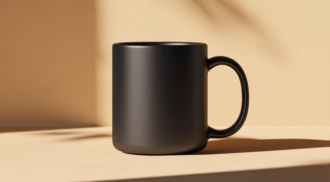 A matte black coffee mug sits on a light beige surface, subtly lit by soft sunlight casting shadows.  The mug is cylindrical with a simple, curved handle