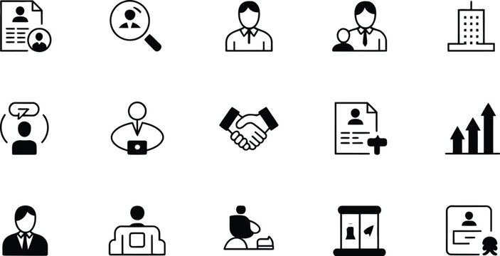 The image displays a collection of black and white icons related to business and hr