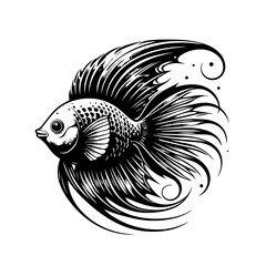 Elegant Black and White Betta Fish Illustration.
