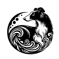 Elegant Black and White Collie Dog Circular Design.
