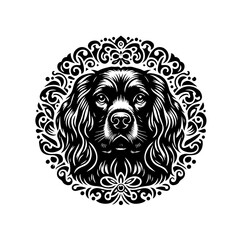 Elegant Black and White Dog Portrait with Ornate Frame.