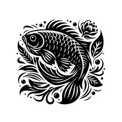 Elegant Black and White Fish Illustration with Floral Elements.