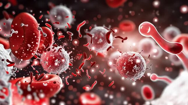 Lymphoma. Red blood cells and abnormal white cells representing blood cancer.